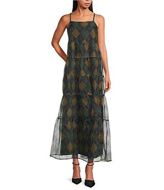 Sugarlips Argyle Organza Square Neck Spaghetti Strap Tiered Maxi Dress - L | Dillard's