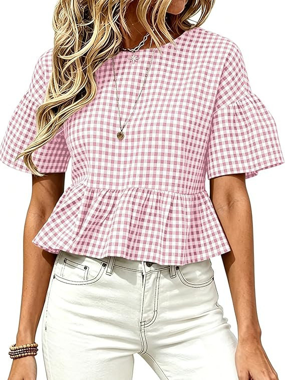Womens Gingham Top Casual Short Bell Sleeve Crew Neck Ruffle Babydoll Peplum Blouse Plaid Shirts | Amazon (US)