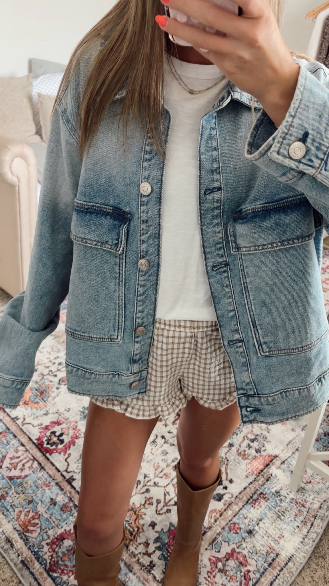 The cutest fall outfit with a fun mix of patterns, layers, and color. I paired these brown gingham shorts with ruffled edges with a simple white T-shirt, brown boots, and an oversized jean jacket for an easy layered look. My colorful Amazon beaded necklace adds the perfect pop of color and ties everything together. The denim jacket makes this outfit perfect for those cooler fall days while still keeping the look casual and comfortable.

#LTKFinds #LTKFall #FallOutfit #FallFashion #GinghamShorts #BrownGingham #DenimJacket #JeanJacket #AmazonFinds #AmazonFashion #FallStyle #BrownBoots #CasualFallOutfit #AffordableFashion #OutfitInspo
 

 #LTKdayinmylife #LTKootd #LTKU
