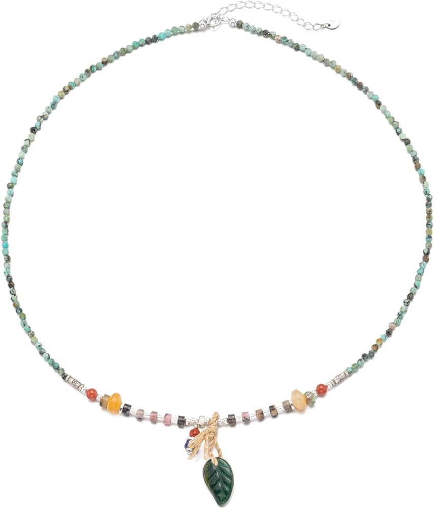 gemstone multi-color choker Necklace for Women with Leaf Pendant, Multi-Color Beads, S925 sterlin... | Amazon (US)