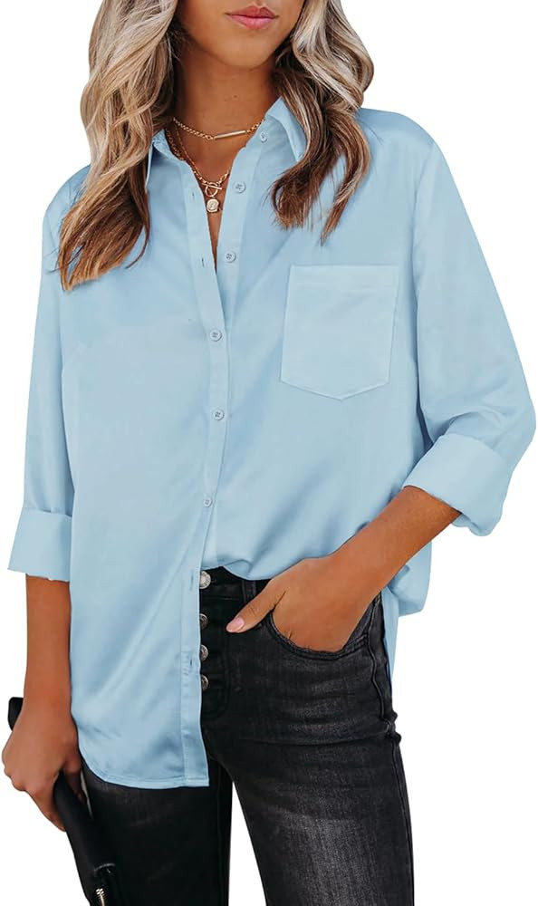 Aoudery Womens Button Down Shirts Dress Shirts Long Sleeve Wrinkle Free Collar Blouses V Neck Wor... | Amazon (US)