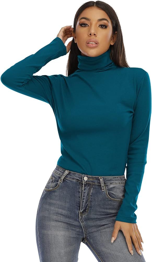 Yesqueen Women's Solid Long Sleeve Slim Fit Turtleneck Basic T-Shirts | Amazon (US)