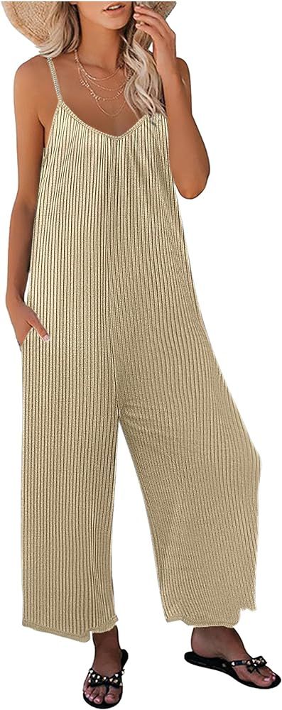 Ekouaer Women Sleeveless Jumpsuits Knit Ribbed Adjustable Spaghetti Strap Loose Long Pants Romper... | Amazon (US)