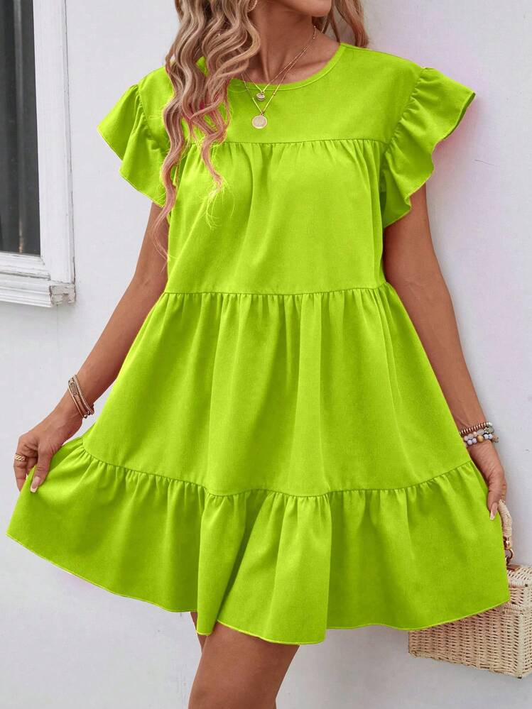 Breezaya Women Summer Solid Color Round Neck Loose Babydoll Dress With Ruffle Trim Vacation Beach... | SHEIN