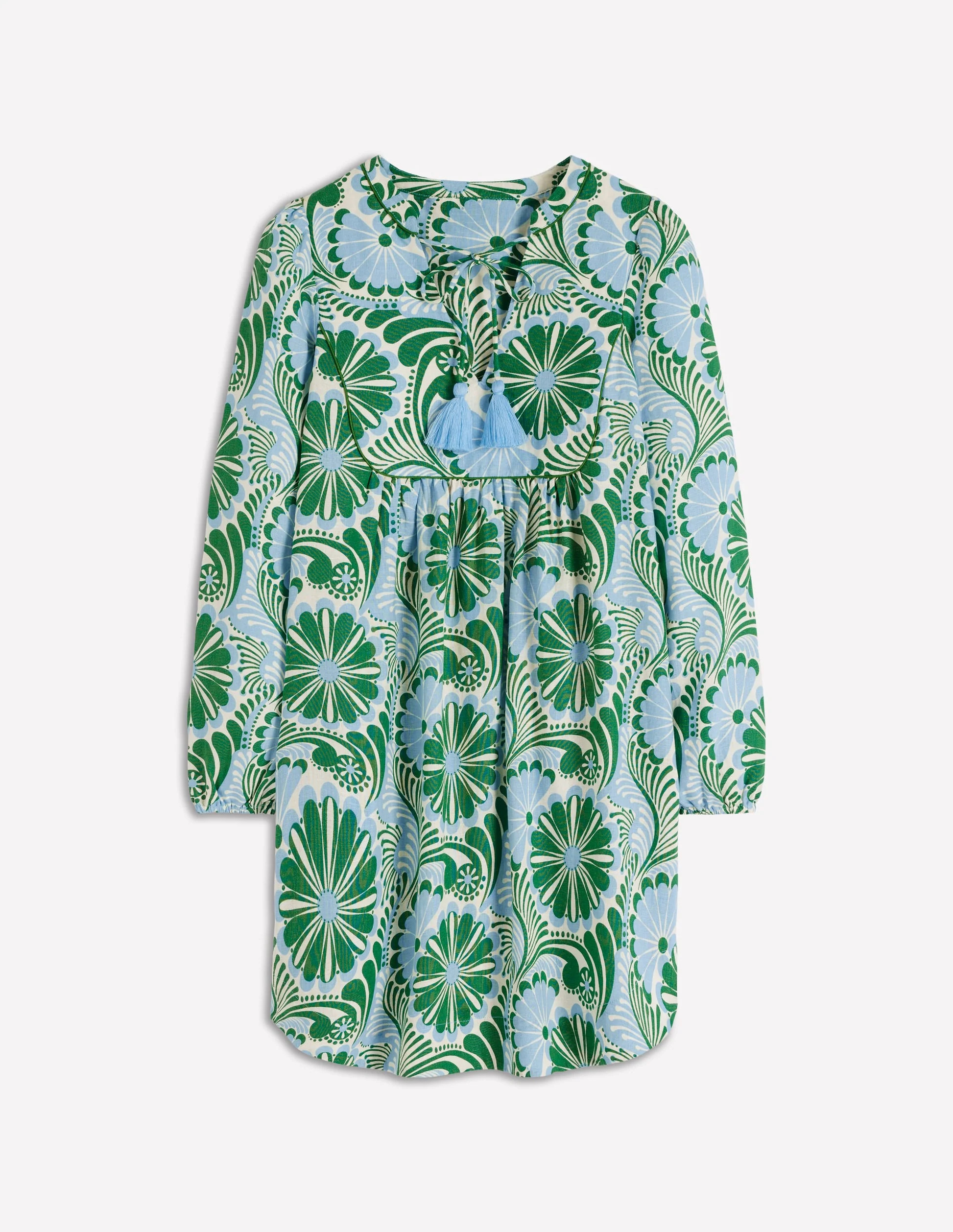 Pia Linen Yoke Tassel Dress-Blue Euphoric Garden | Boden (US)