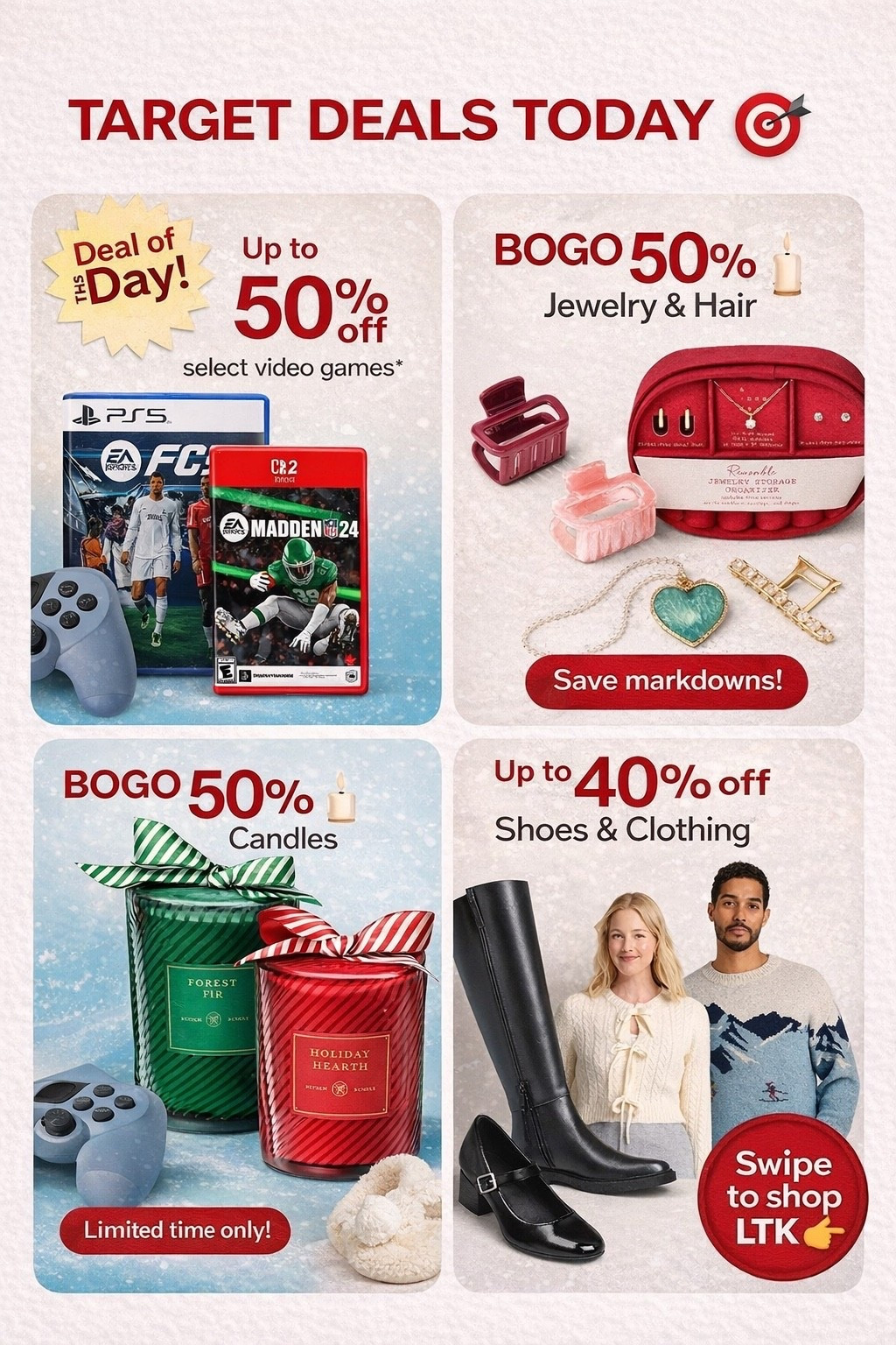 Target deals happening NOW 🎯
Up to 50% off video games, BOGO 50% candles, and major savings on kitchen favorites. Perfect for last-minute gifts or treating yourself 🤍 

Target, Target find, deals, clothing, gift, gift guide, Christmas, candles, boots, slippers, shoes 

👉 Tap to shop before these deals end!

#TargetDeals #TargetFinds #LTKSale #HolidayDeals

#LTKSaleAlert #LTKGiftGuide #LTKHoliday