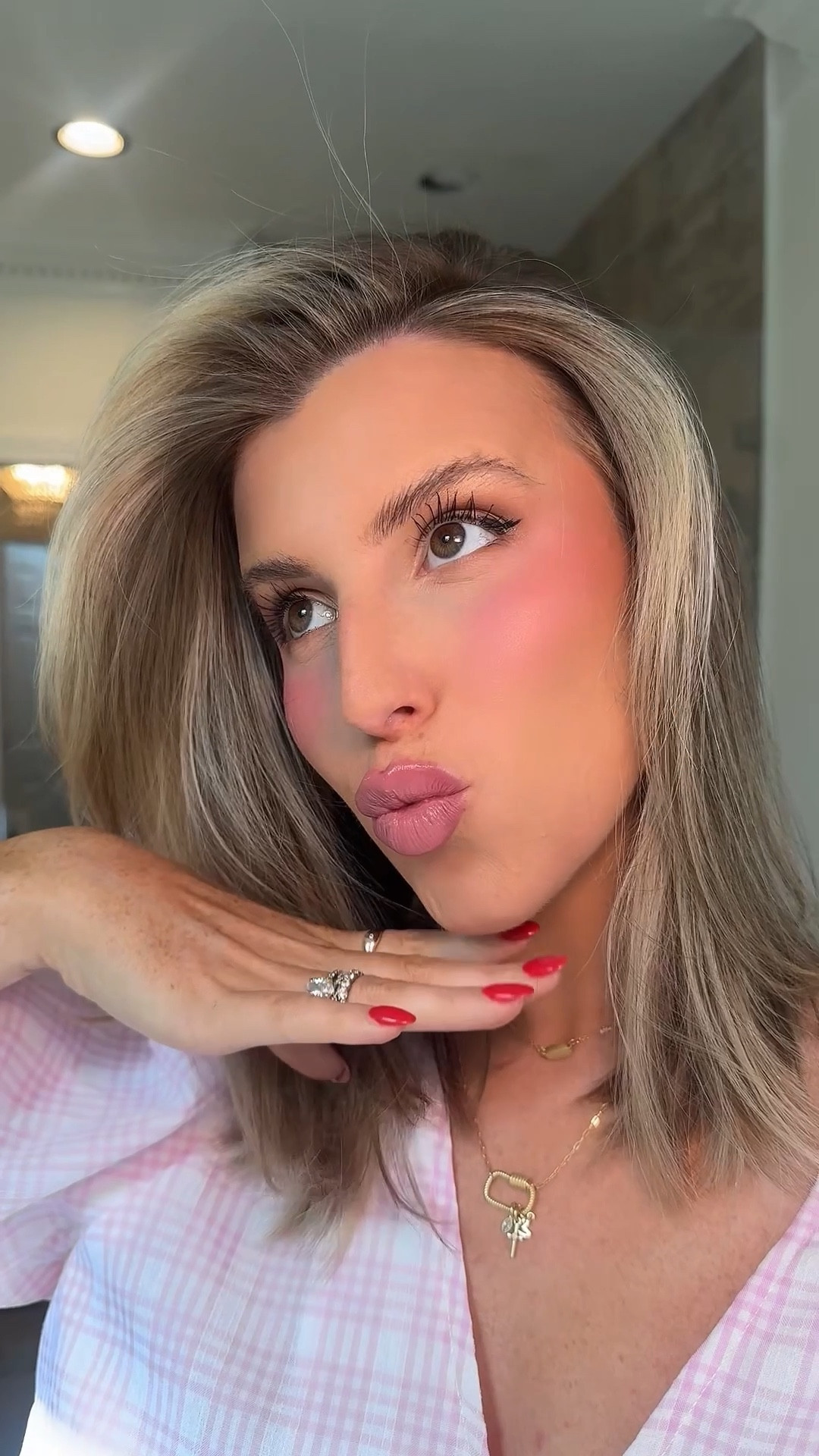 Full makeup tutorial! Shades I used 👇🏼
Foundation - tawny
Concealer - I used Kylie cosmetics but I love hourglass concealer in shade oat 
Dibs - 2
Blush - she’s a doll
Lips - NYX liner in maybe, gloss in pillow talk fair