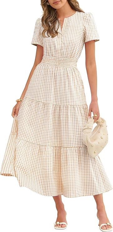 Caracilia Womens Summer Maxi Dresses 2026 Spring Casual V Neck Short Sleeve Gingham Flowy A-Line ... | Amazon (US)