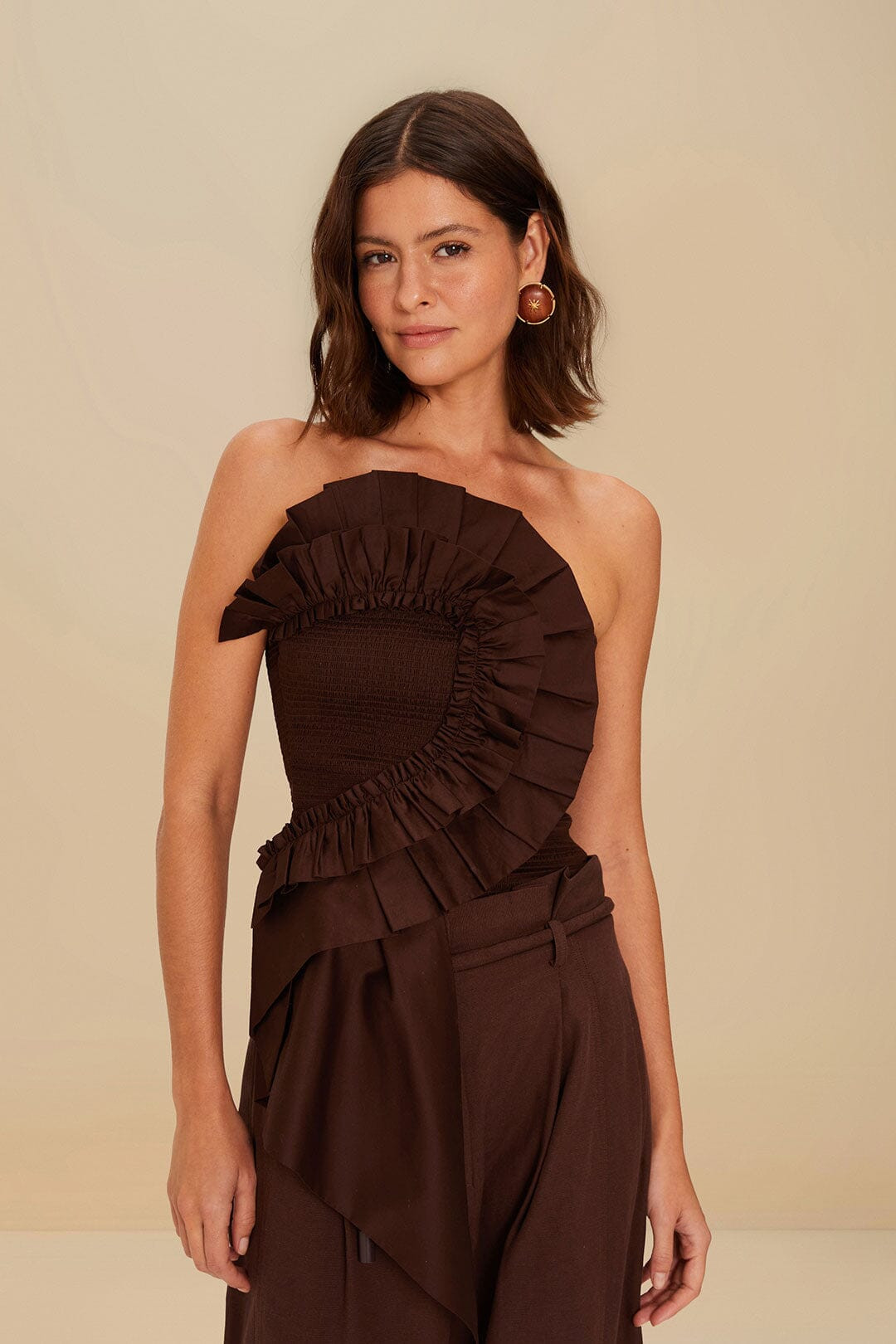 Dark Brown Smocked Organic Cotton Top | FarmRio (US)