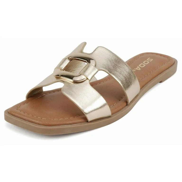 Soda Shoes Women Slip-On Sandals H-Band Flat Flip-Flops Slides Gold Buckle Square Toe FENG-S Gold... | Walmart (US)