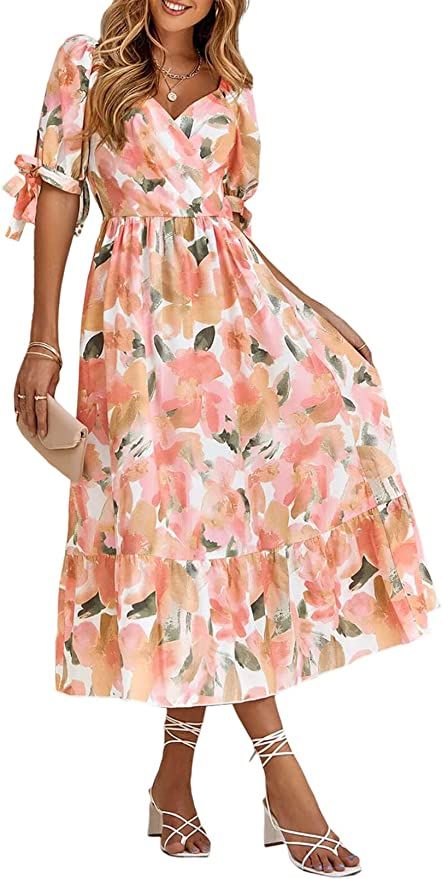 BLENCOT Women's Summer Deep V Neck Boho Dress Floral Print A-Line Ruffle Elastic Waist Maxi Dress... | Amazon (US)