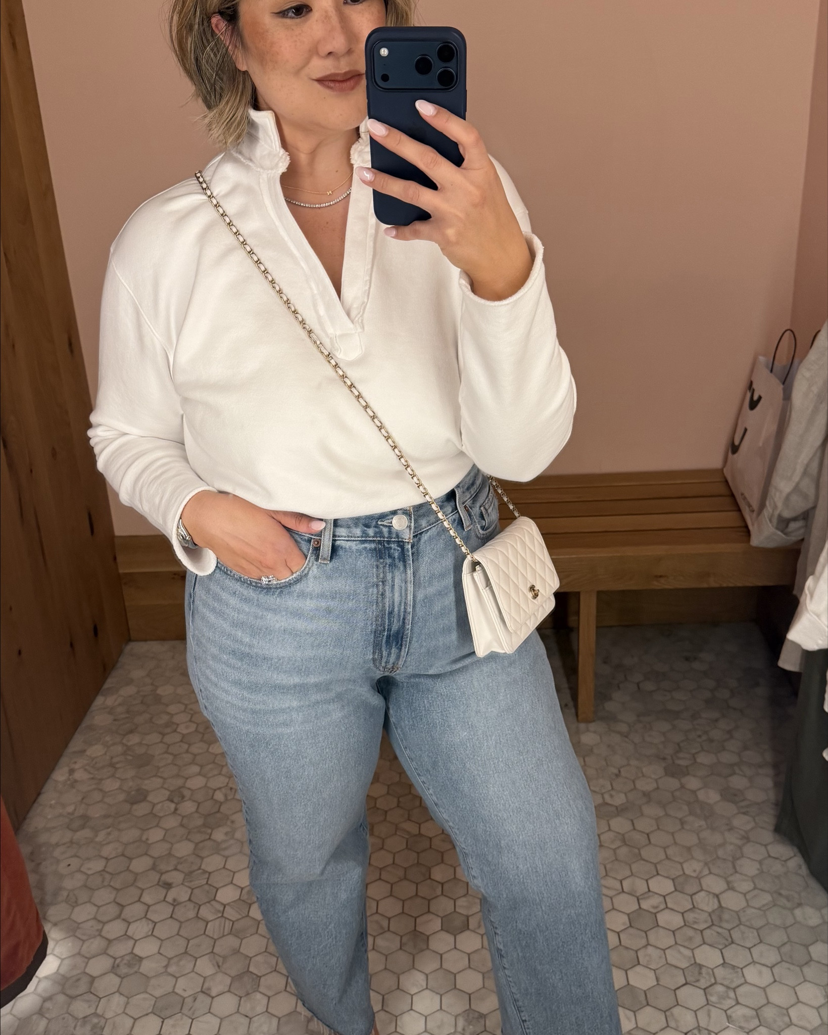 Frank & Eileen Tops: I wear a size large. 
Quince Jeans: I sized up to a 33 in the rigid 26” inseam
Spanx: I wear an XL, petite in the jeans.
J.Crew: I’m wearing a large in the pink vneck sweater, medium in the roll neck, size 14 in the vest and large in the blazer. 
Madewell: I’m wearing a 32 in the shorts.
Athleta: I’m wearing a large in the dress.
Gap: I’m wearing a 32 in the yellow jeans. 

Note: the brown taupe jacket is sold out. 
Let me know if you have any questions .

#LTKgrwm #LTKootd #LTKMidsize