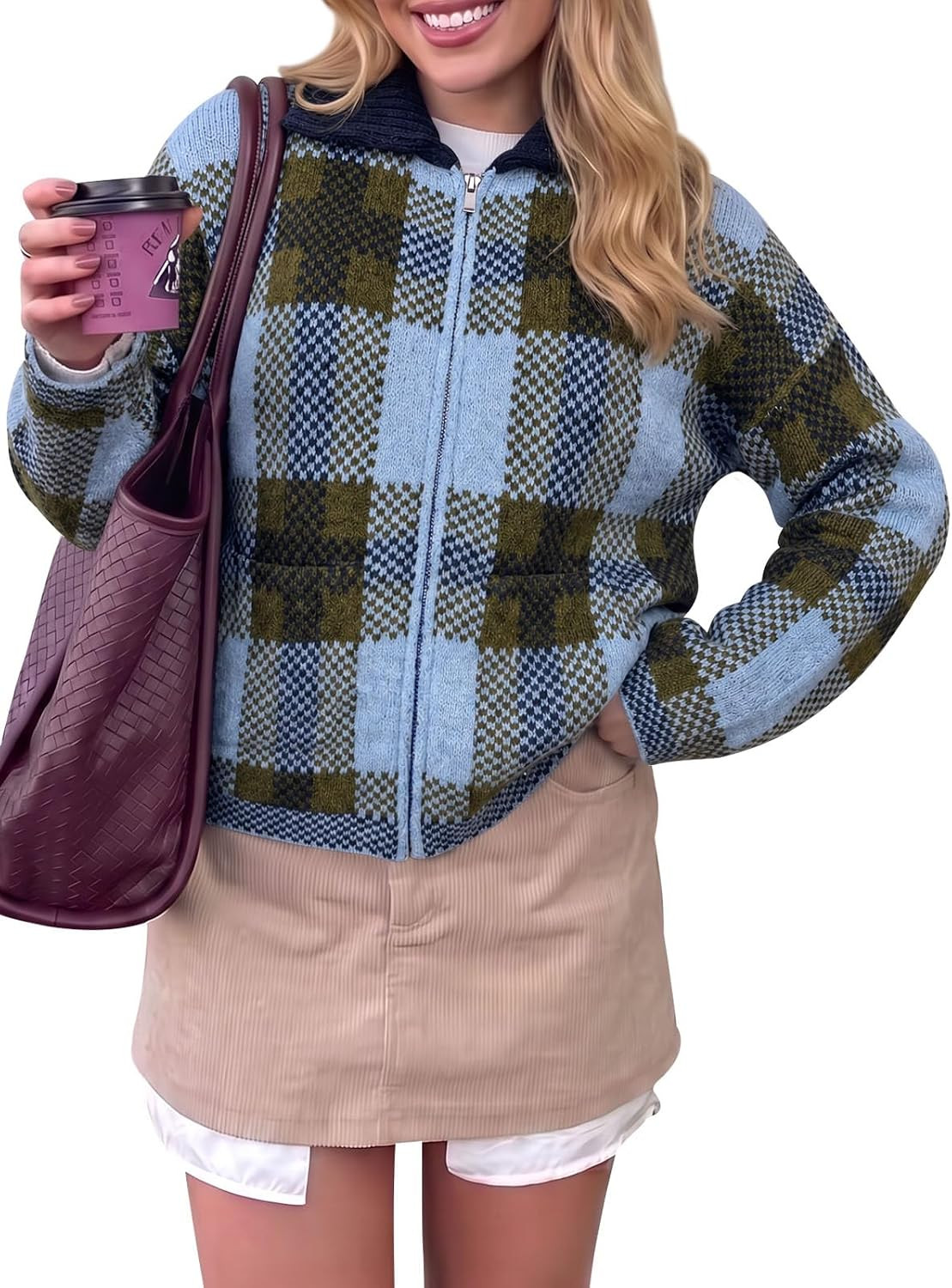 Saodimallsu Womens Plaid Cardigans Color Block Fall Zip Up Sweater Jackets | Amazon (US)