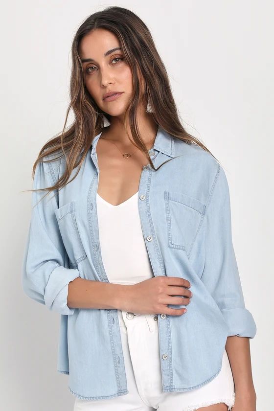 Daily Vibe Light Blue Chambray Long Sleeve Button-Up Top | Lulus