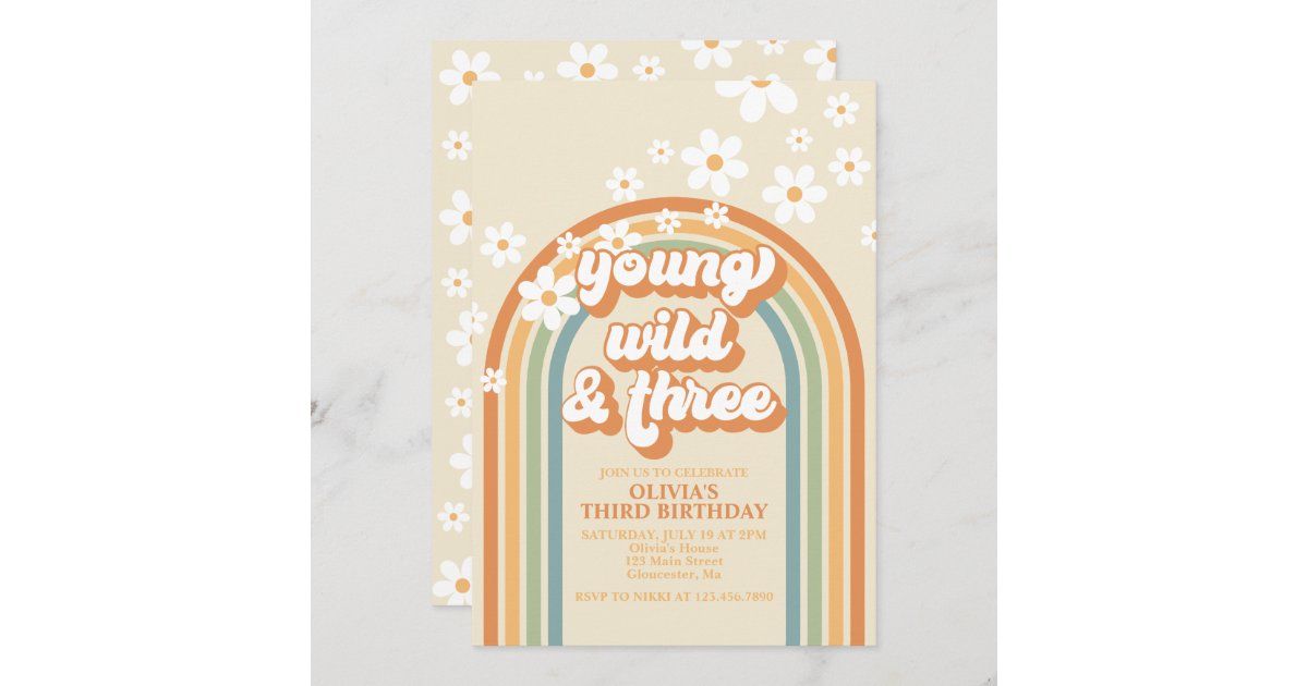 Young Wild Three Retro Rainbow Daisy Birthday Invitation | Zazzle | Zazzle