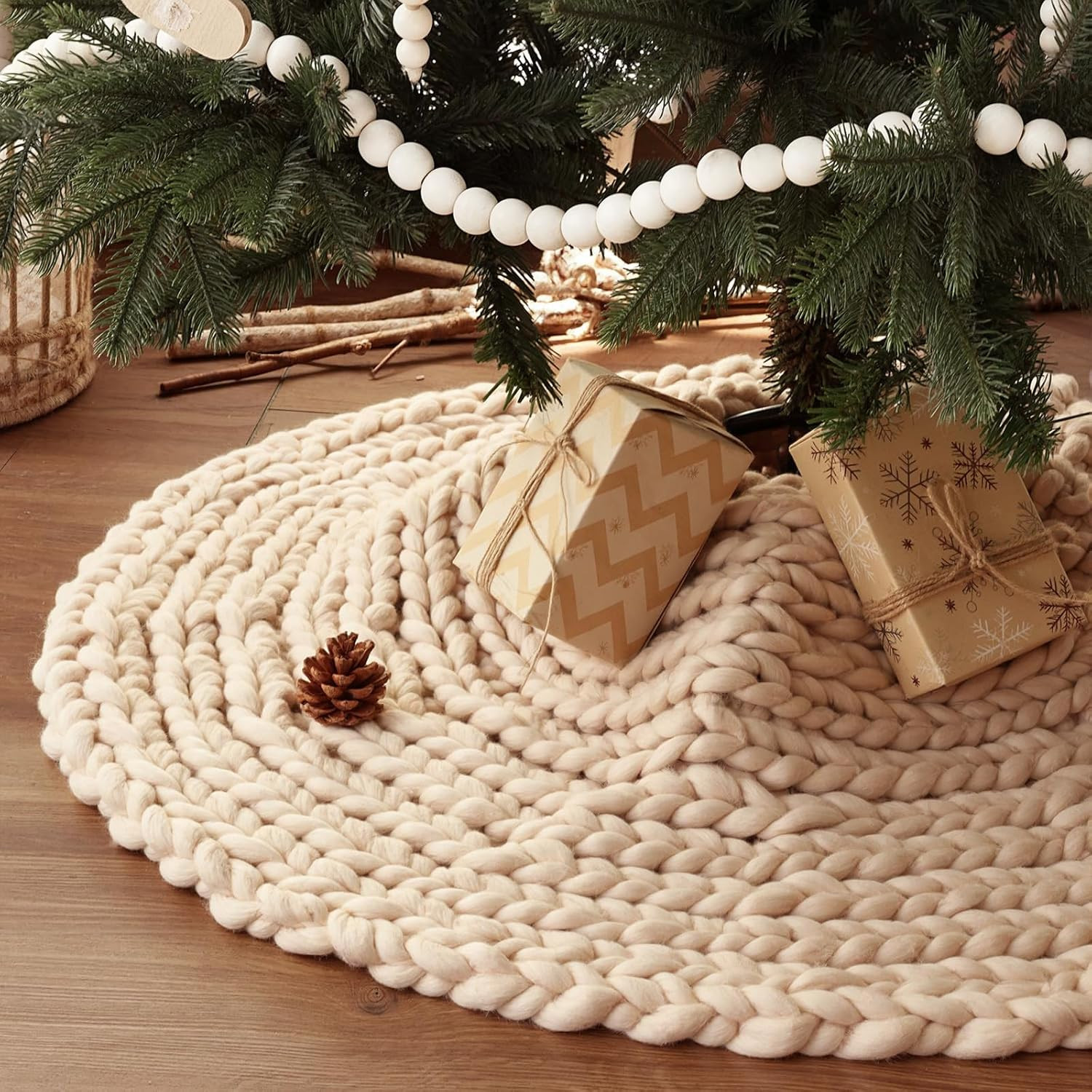 36 inch Christmas Tree Skirt: Chunky Knit Tree Skirt for 6ft Tree, Crochet Beige Small Tree Skirt... | Amazon (US)
