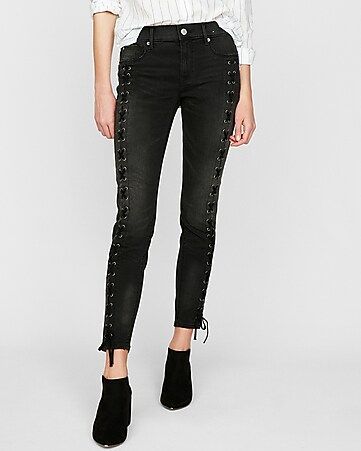 Mid Rise Black Lace-up Stretch Ankle Jean Leggings | Express