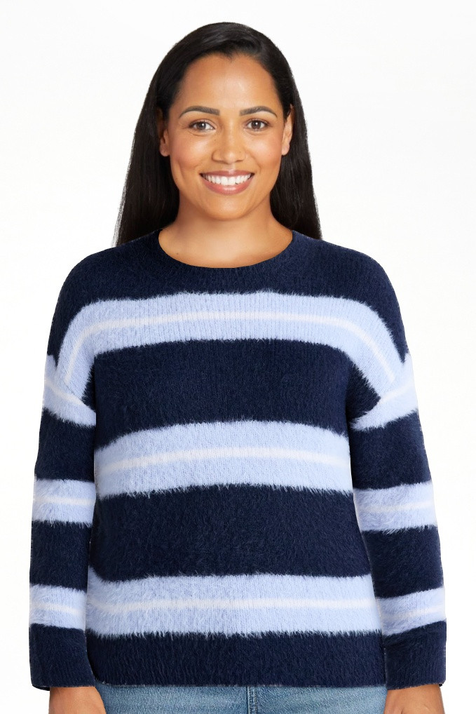 No Boundaries Striped Feather Sweater, Women's & Women's Plus | Walmart (US)