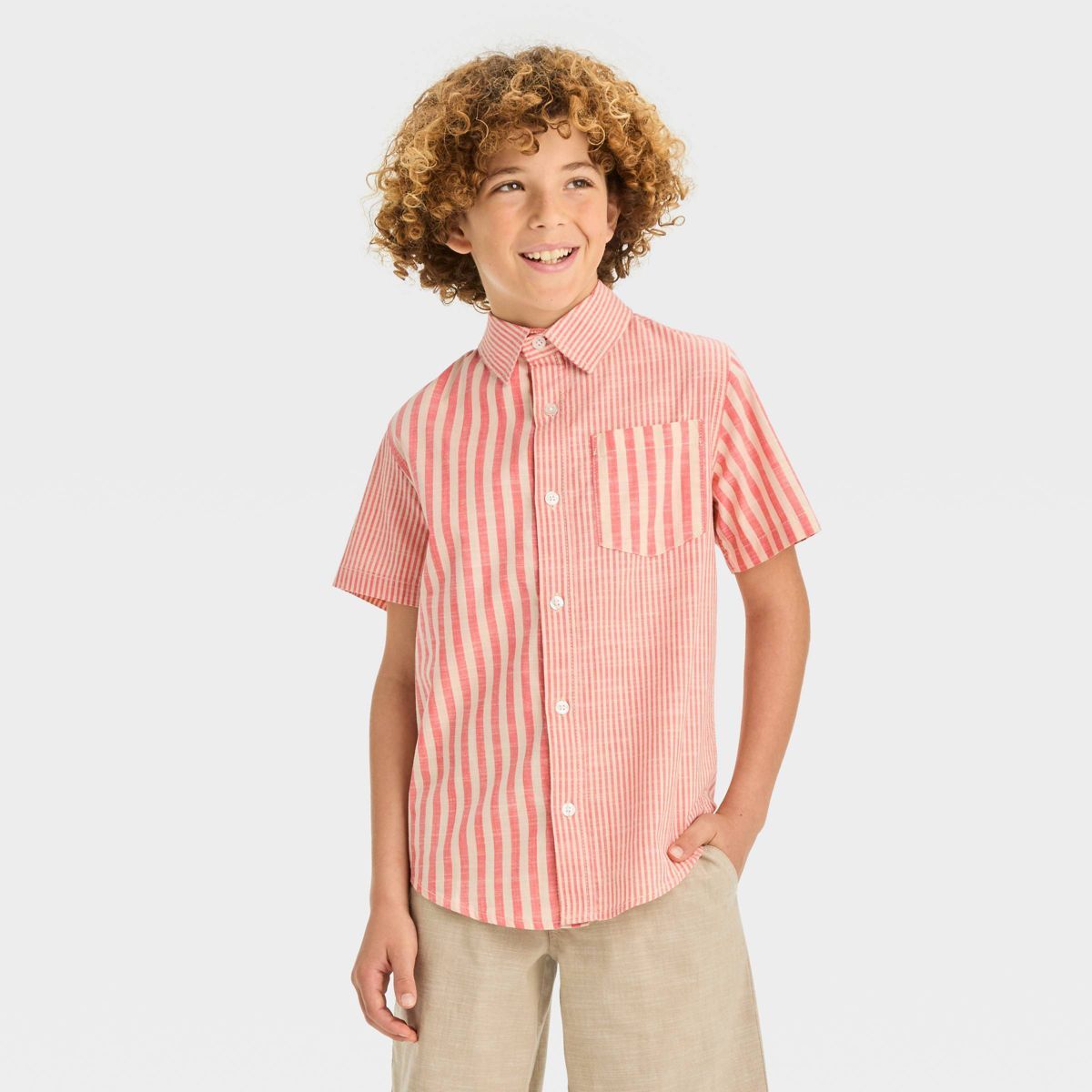Boys' Short Sleeve Striped Poplin Button-Down Shirt - Cat & Jack™ Orange | Target