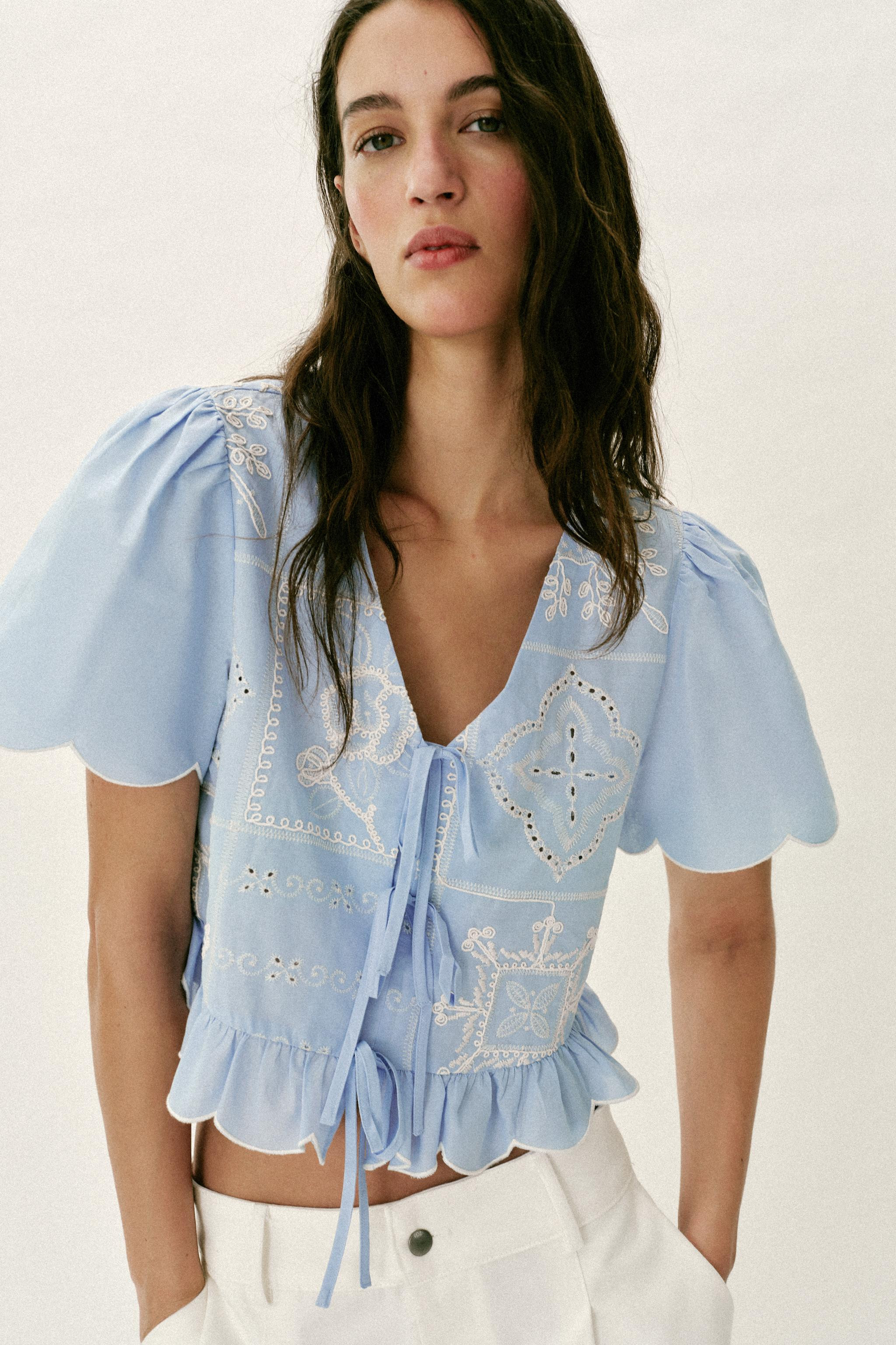 PERFORATED EMBROIDERED TIE BLOUSE | Zara US