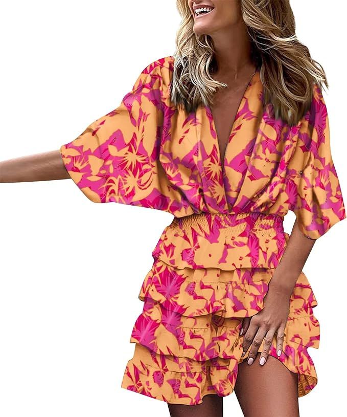 Beach Dresses for Women,2024 Spring Summer Trendy Batwing Sleeve Print Boho Dress,Casual Loose V ... | Amazon (US)