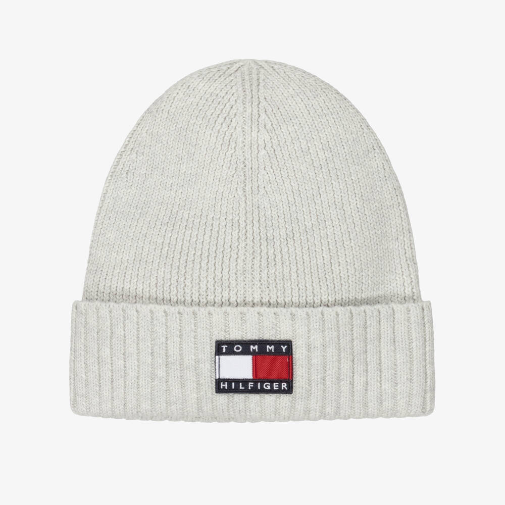 Tommy Hilfiger Grey Cotton Knit Beanie Hat With Flag Logo | Childrensalon