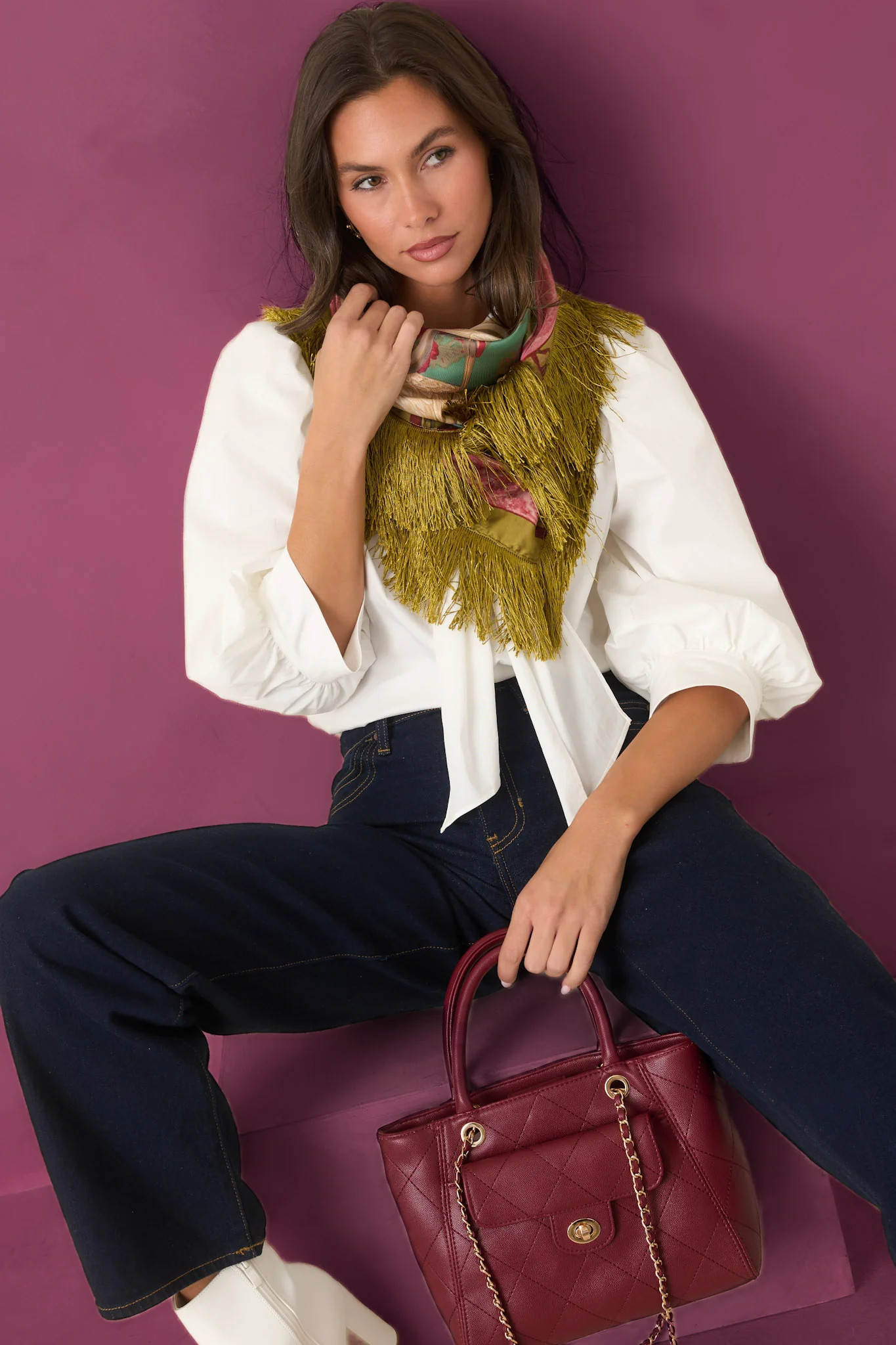 A Word of Advice Ivory Gold Accent Tie Neck Blouse | Red Dress