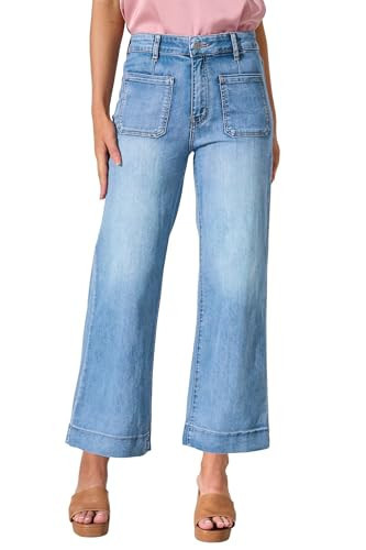 Allimy Women's High Waisted Cropped Flare Wide Leg Stretchy Jeans for Women Trendy High Waist Loose Denim Pants with Front Patch Pockets Blue 12 | Amazon (US)