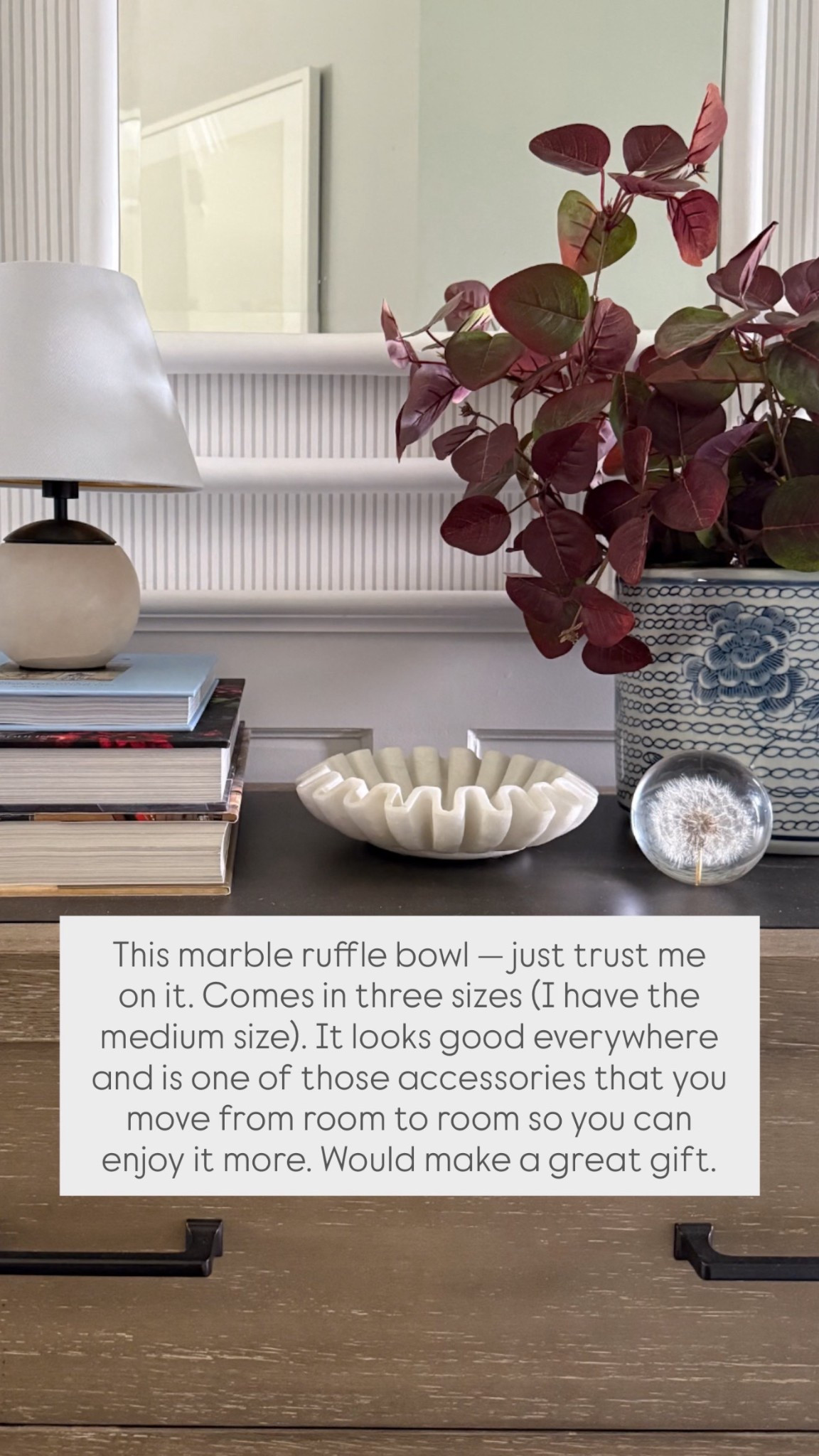 This Serena & Lily  marble ruffle bowl — just trust me on it. Comes in three sizes (I have the medium size). It looks good everywhere and is one of those accessories that you move from room to room so you can enjoy it more. Would make a great gift. 

#LTKSaleAlert #LTKHome #LTKGiftGuide