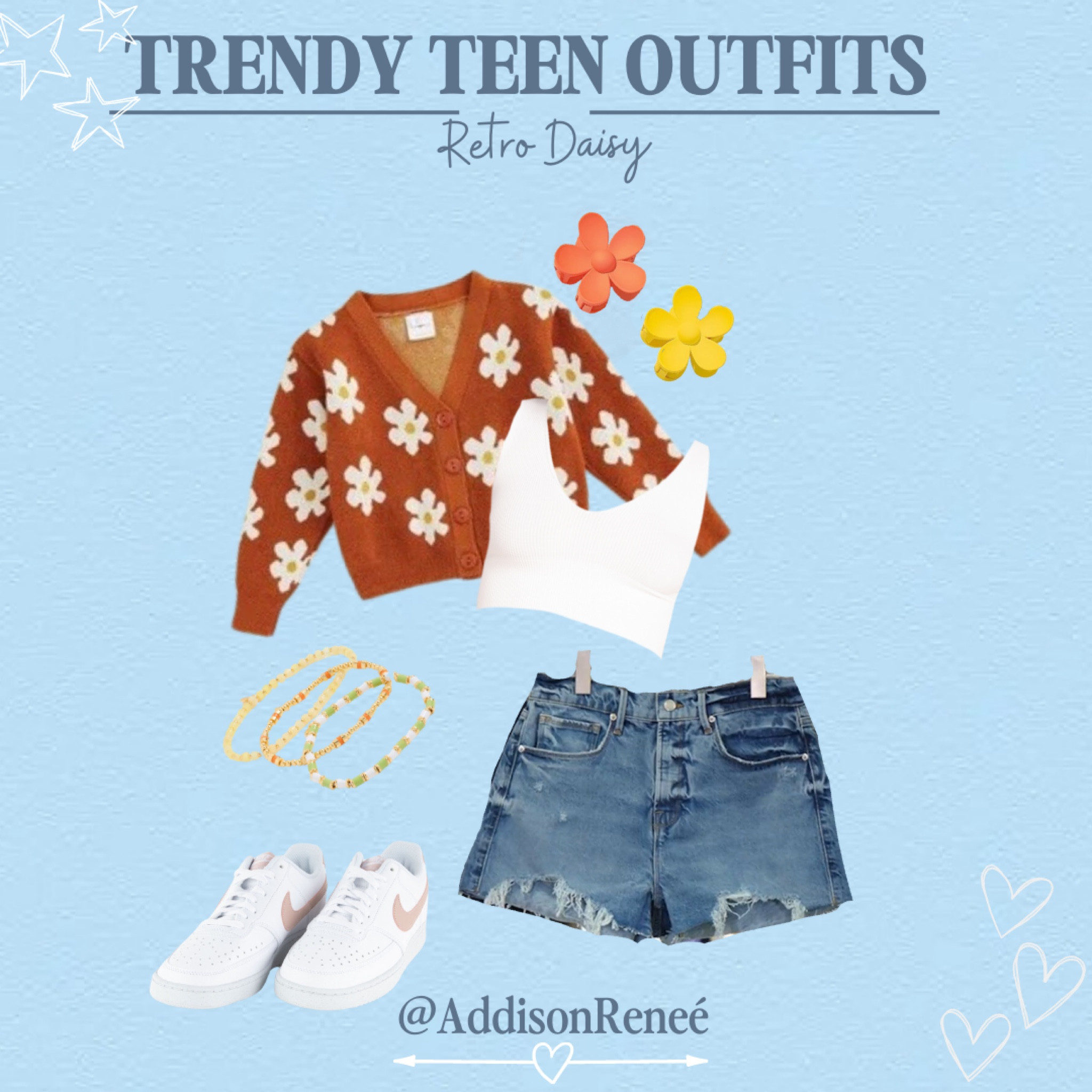 Trendy Teen Outfit 
Daisy, Retro, Hair Clip, cute hair clip, flower clip, platform shoes, Nike, back to school outfit, layer bracelets, jean shorts, jorts, halter top, tank top, Daisy sweater, cardigan, Daisy cardigan, cute sweater, teen fashion, teen outfits 

#LTKBacktoSchool #LTKkids #LTKFind