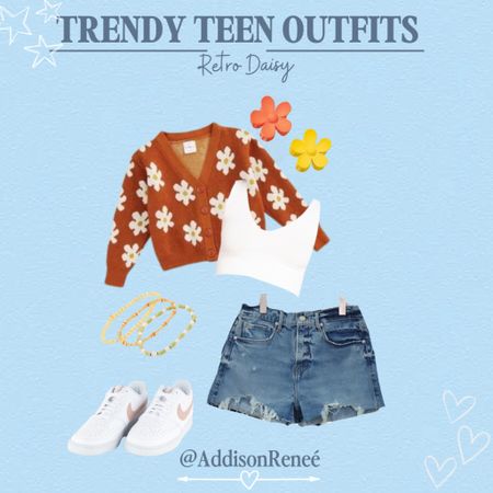 Trendy Teen Outfit 
Daisy, Retro, Hair Clip, cute hair clip, flower clip, platform shoes, Nike, back to school outfit, layer bracelets, jean shorts, jorts, halter top, tank top, Daisy sweater, cardigan, Daisy cardigan, cute sweater, teen fashion, teen outfits 

#LTKBacktoSchool #LTKkids #LTKFind