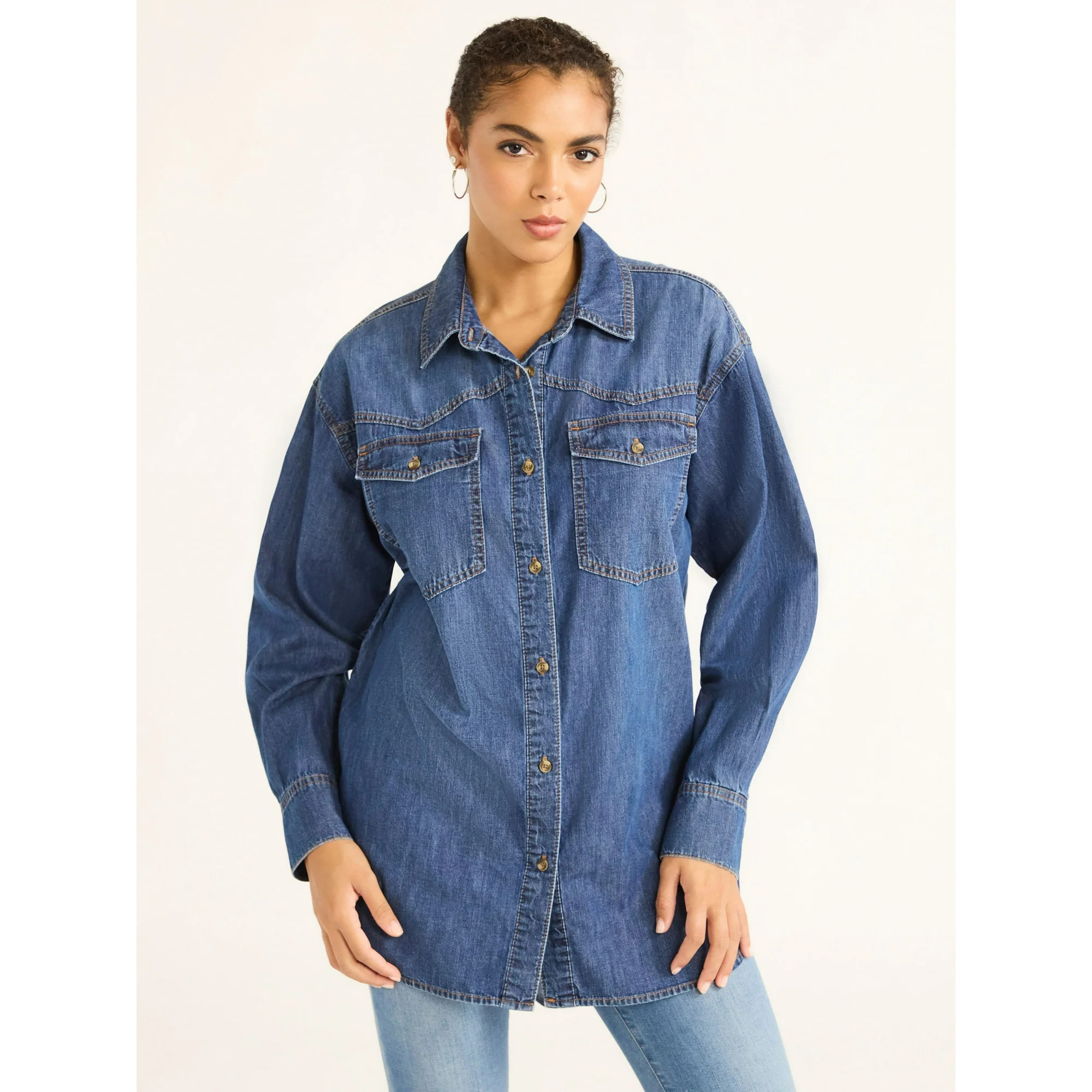 Sofia by Sofia Vergara Women's and Women's Plus Sofia Oversized Boyfriend Shirt with Long Sleeves... | Walmart (US)