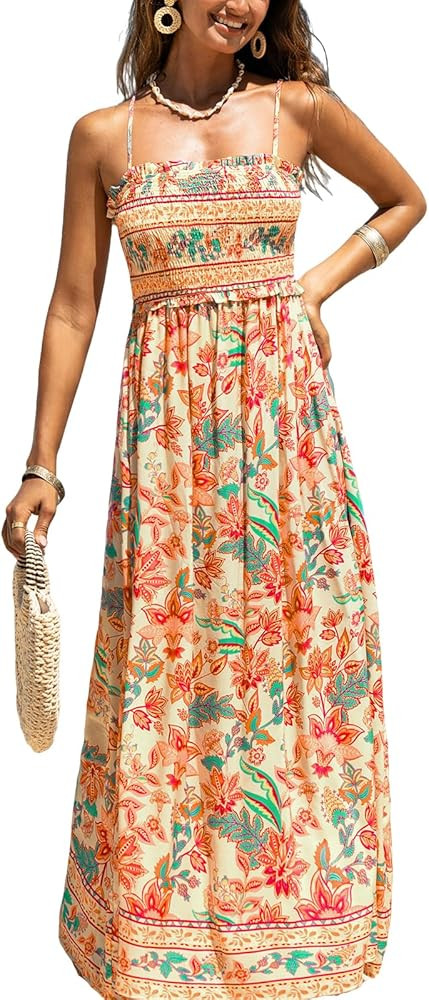 CUPSHE Women's Maxi Dress Ditsy Floral Smocked Summer Sundress Sleeveless Ruffled Spaghetti Strap... | Amazon (US)