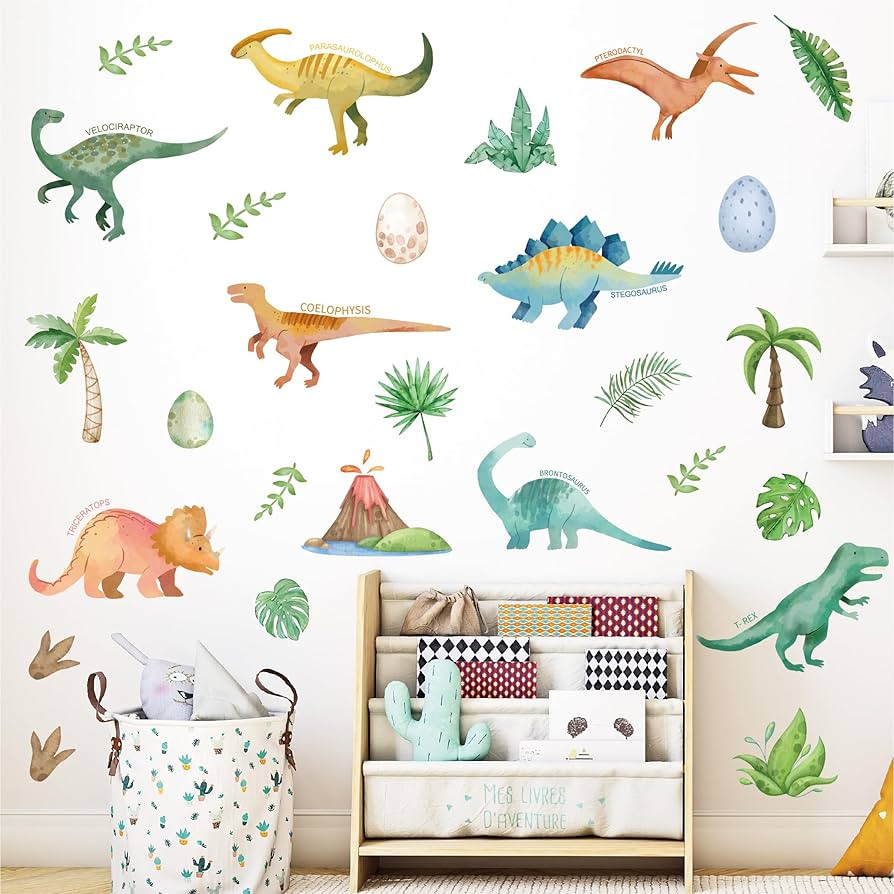 AOWDIAO Watercolor Dinosaur Wall Decals - 28 Pcs Peel and Stick Dino Decor for Boys’ Bedroom, N... | Amazon (US)