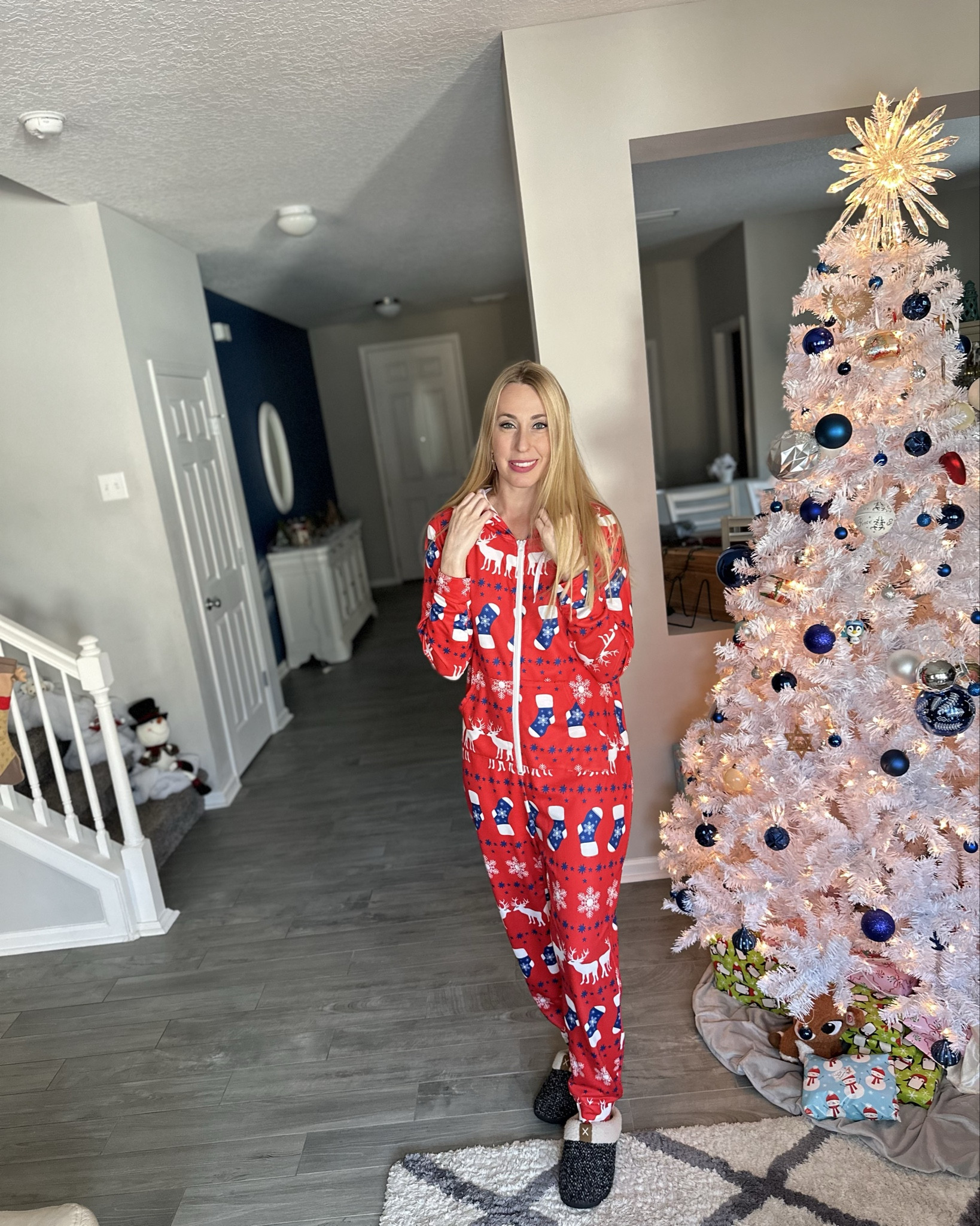 Red white and blue Christmas onesie
❤️ oversized fit, super soft and so comfortable 
❤️ wearing a medium for extra length 

#LTKFindsUnder50 #LTKHoliday #LTKStyleTip