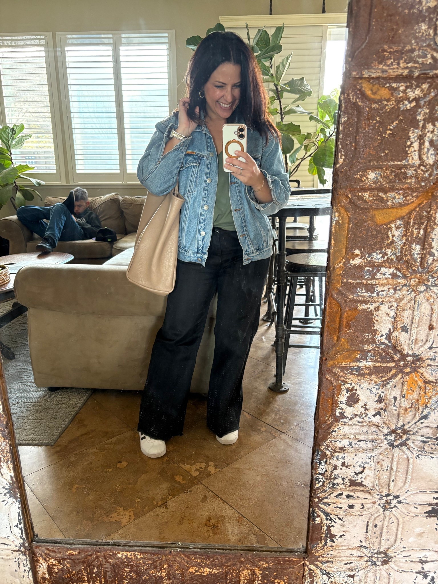 Do you spy my not so little photo bomber? He towers over me and is almost in high school. 😭 

I realized I have very little green in my wardrobe, that needs to change. I have this v neck cotton tee in several colors and love it. I size up to a medium for an oversized fit. 

#LTKStyleTip #LTKPetite #LTKOver40