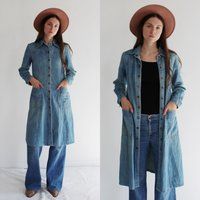 70S Denim Duster Jacket Dress - S, Light Wash Pointed Collar Boho Hippie | Etsy (US)