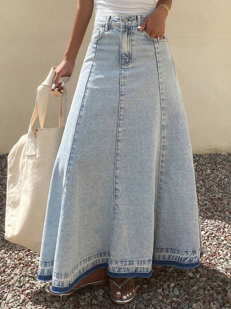 Livesso Women's Regular Waist Dark-Color Fringe Patchwork Maxi Denim A-Line Skirt Jeans Skirt | SHEIN