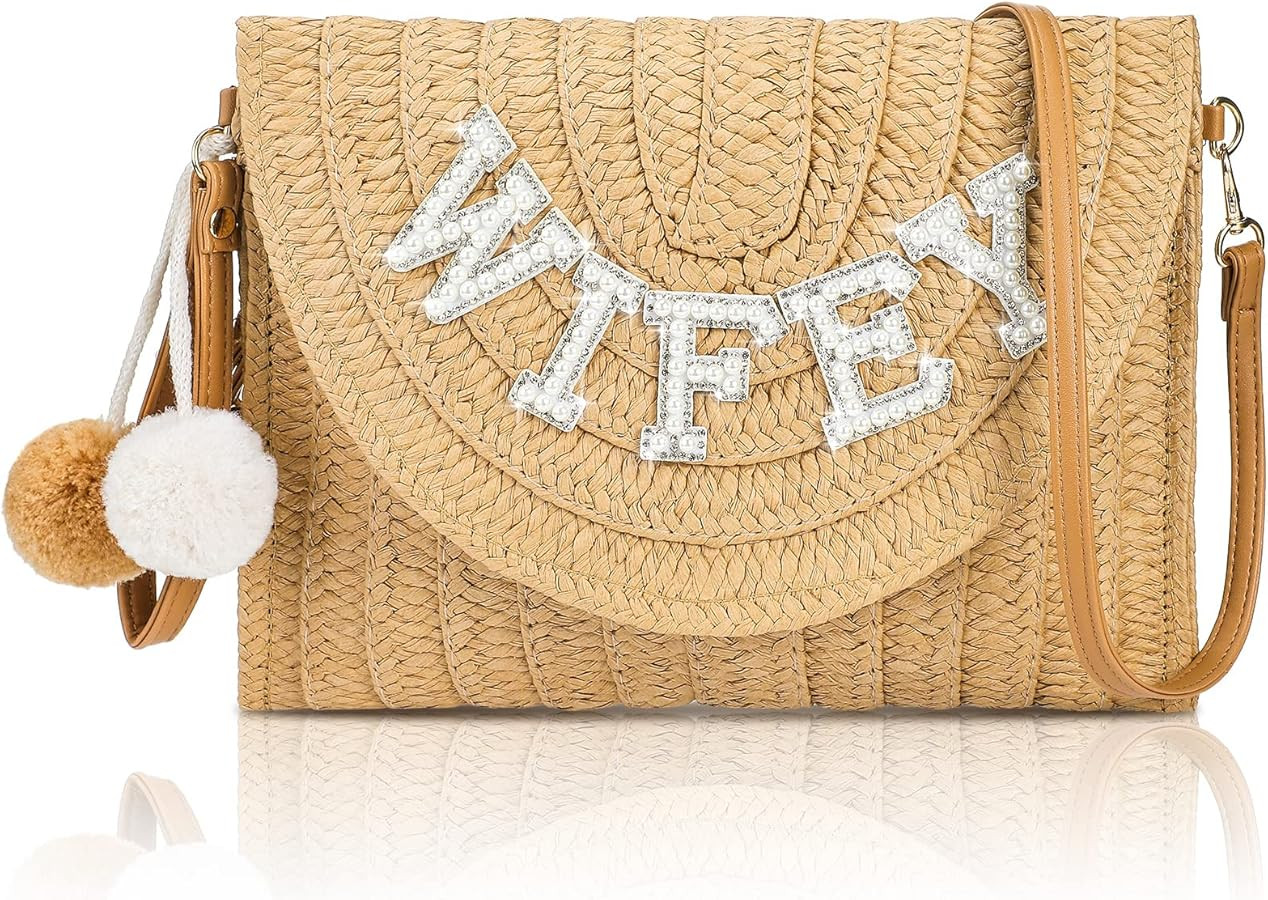 Pinkunn Bride Gift Straw Shoulder Bag Clutch Rhinestone Letter Purse Beach Bachelorette Honeymoon... | Amazon (US)