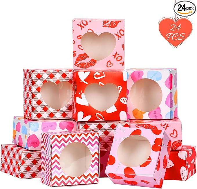 MOORAY 24 Pcs Valentines Day Bakery Treat Boxes 4.5 x 4.5 x 2.5 Inches Valentines Cupcake Boxes V... | Amazon (US)