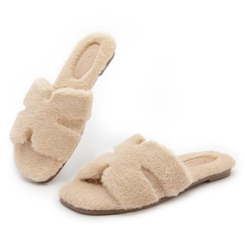 Athlefit Women's Fuzzy Slippers Cute Comfy Fluffy Open Toe Slip-on House Slide Slippers for Indoor Bedroom Bridesmaid, Khaki, Size 9.5, AD01354 | Amazon (US)