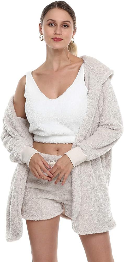 Women's Fuzzy Fleece Sexy 3 Piece Outfits Pajamas Sherpa Coat Jacket and Spaghetti Strap Crop Top... | Amazon (US)