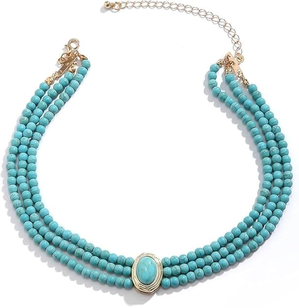 Turquoise Beaded Necklace - Dainty Layered Chain Gemstone Choker - Trendy Jewelry Gift for Women ... | Amazon (US)