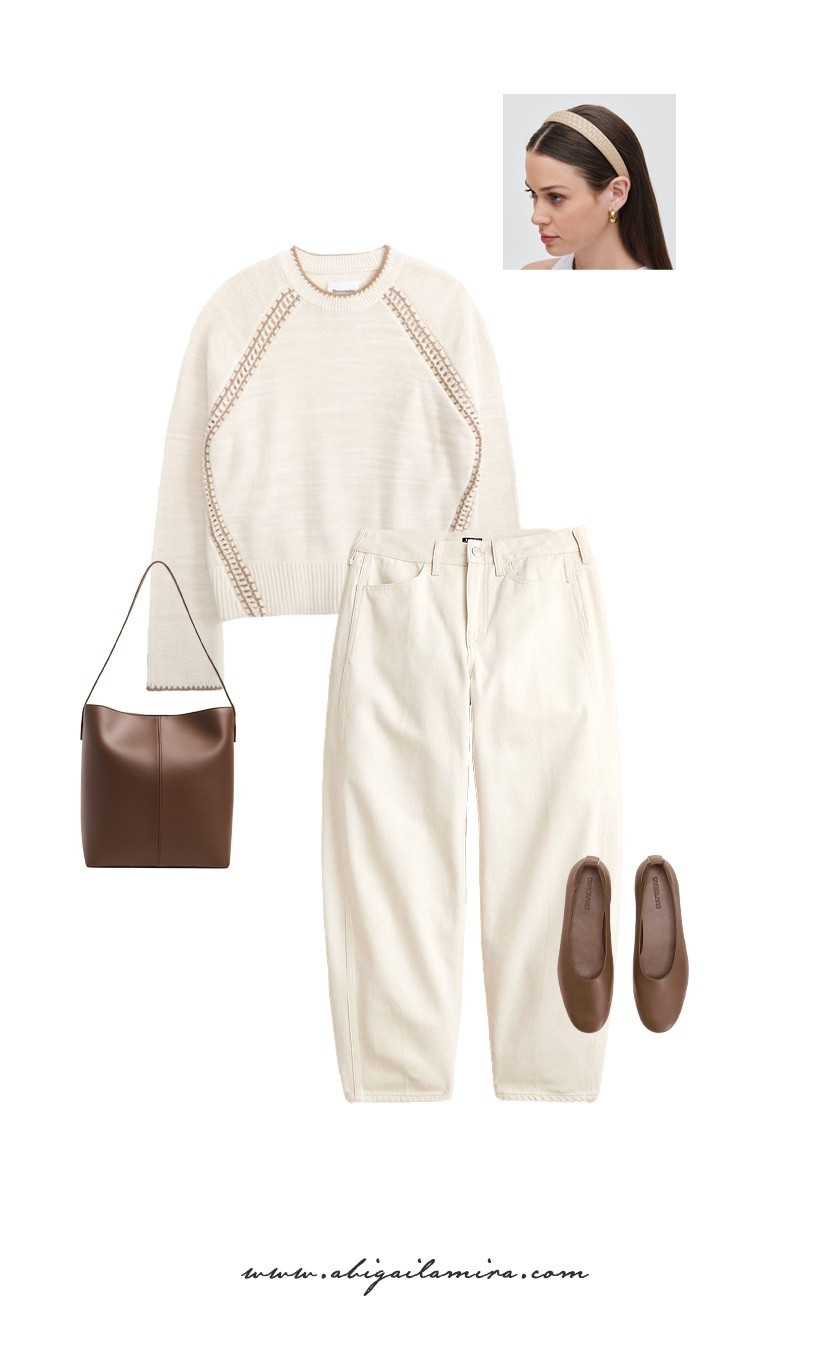 WHAT I'M WEARING WEDNESDAY 06/10/2026
Soft neutrals are a timeless classic that will never go out of style. I paired a cream knit with ivory barrel-leg trousers, creating an effortlessly polished foundation. The rich brown accessories add just the right amount of contrast and warmth. I finished the look with a woven headband and minimalist flats.

#LTKstyletip