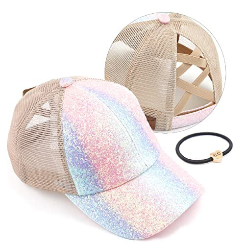 C.C Exclusives Washed Distressed Cotton Denim Criss-Cross Ponytail Hat Baseball Cap Bundle Hair Tie (BT-780)(BT-791) (A Elastic Band-Crystal Ombre Unicon) | Amazon (US)