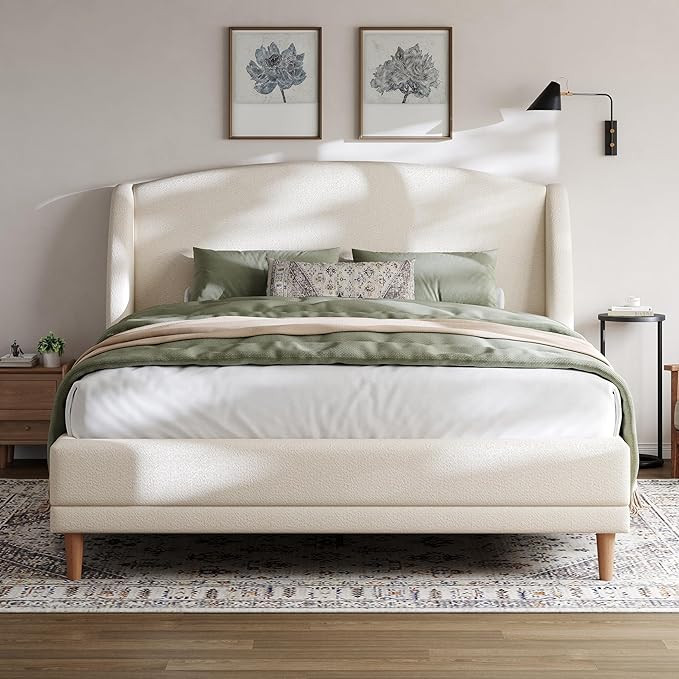 Merax Queen Size Upholstered Platform Bed, Boucle Fabric and Wingback Headboard, Rounded Corners,... | Amazon (US)