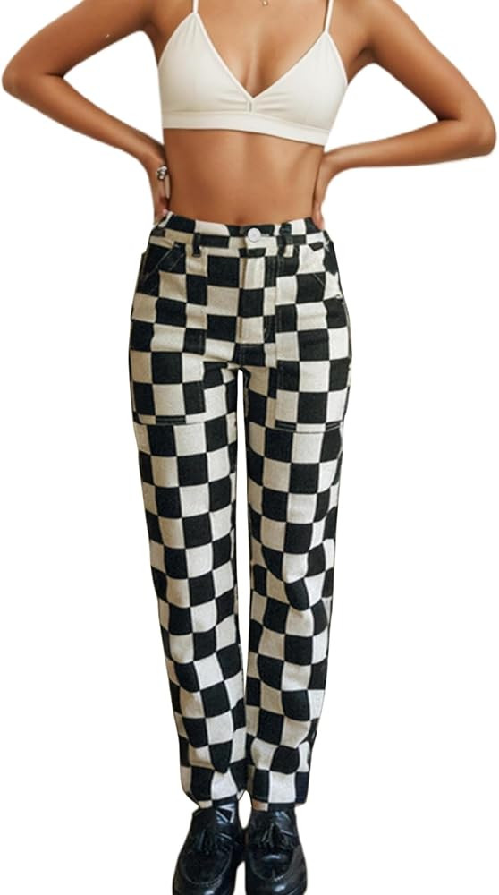 Womens Checkered Pants Zip Off Plaid Gingham Pants Casual Elastic High Waist Straight Leg Jeans w... | Amazon (US)