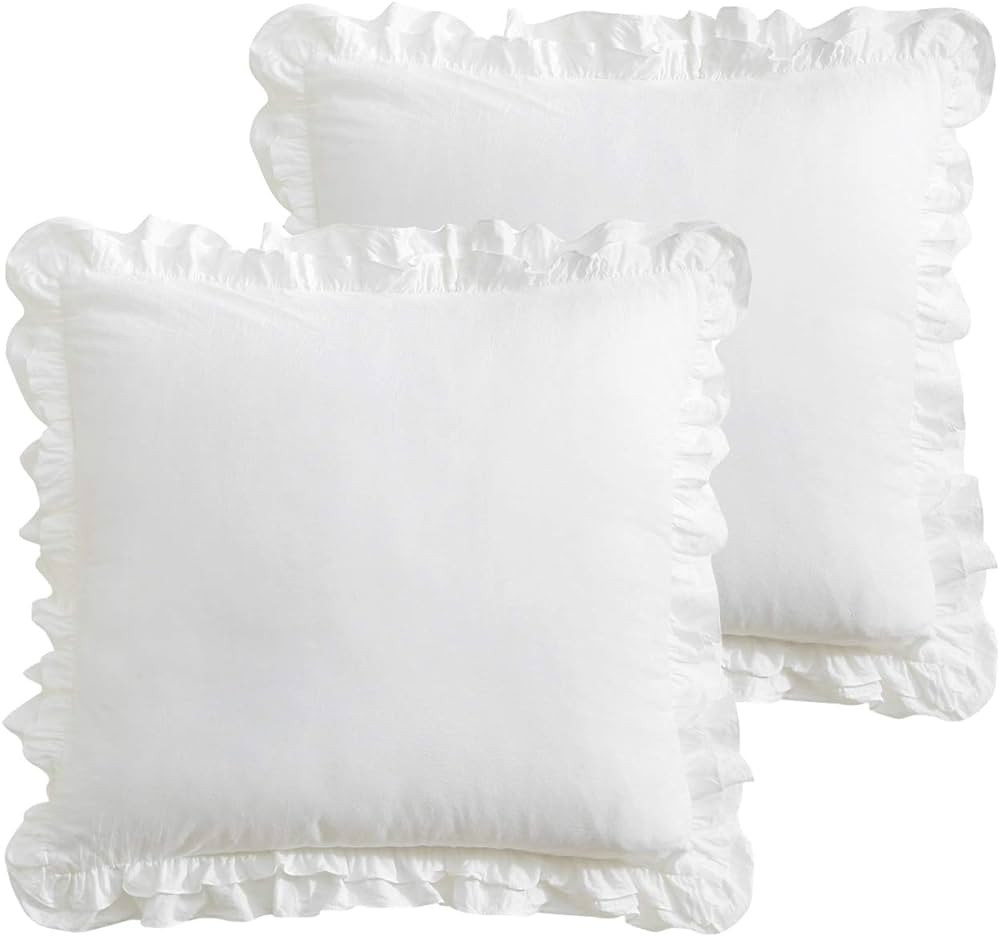 K MASANIJI 2 Pack White Ruffled Euro Shams Pillow Covers, Washed Cotton 26x26 inches Farmhouse Be... | Amazon (US)