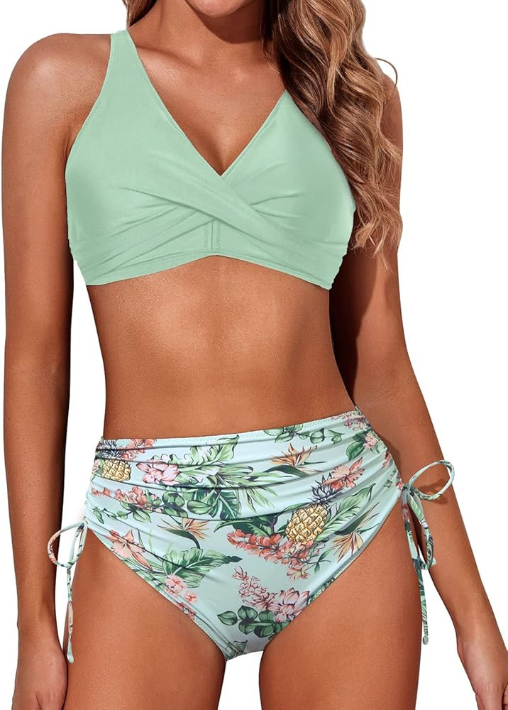 Aqua Eve Women High Waisted Bikini Twist Front Swimsuits Lace up Bikini Tops Ruched Push up 2 Pie... | Amazon (US)