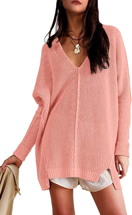 SuperPrity Womens Sweaters V Neck Long Sleeve 2024 Fall Oversized Front Slit Knit Pullover Sweate... | Amazon (US)